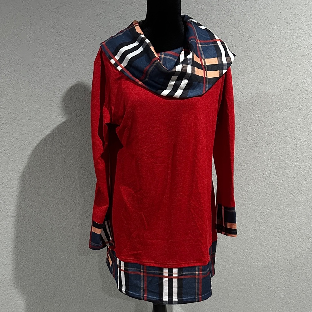 Red Top with Plaid Accents and Elbow Patch
